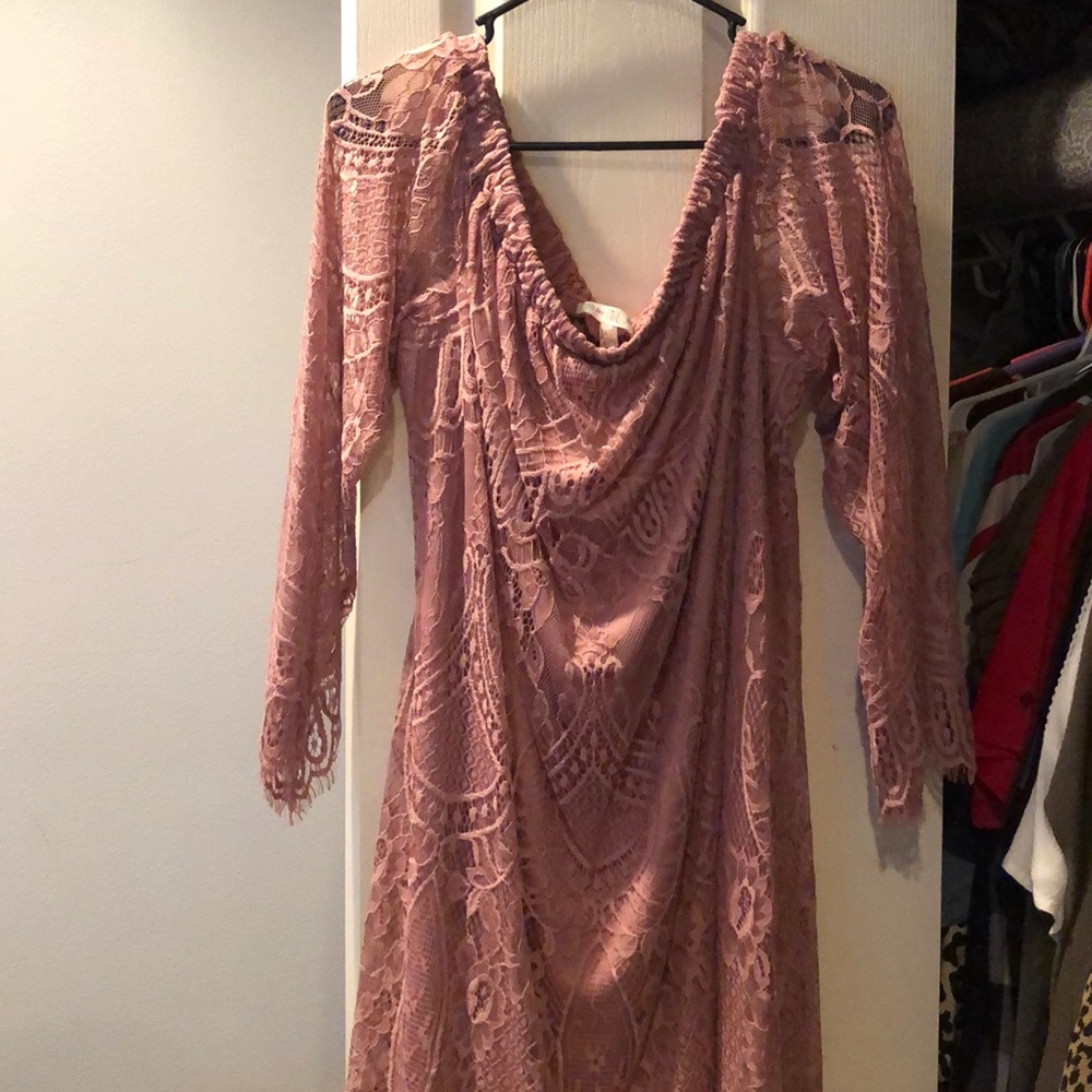 Pink midi off the shoulder lace dress